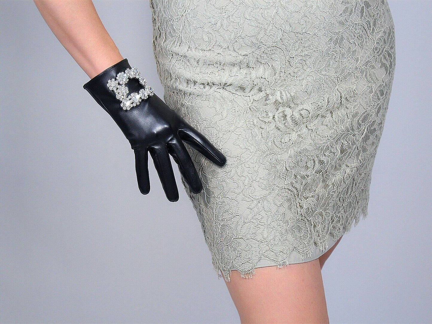 TECH GLOVES Faux Leather Wrist Short Black Sparkle White Crystal Square Buckle