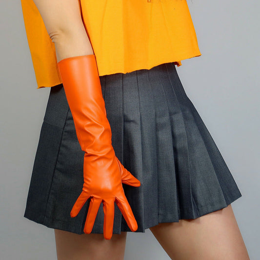 LONG FASHION GLOVES Faux Leather Sheepskin PU 16" 40cm Opera Evening Orange