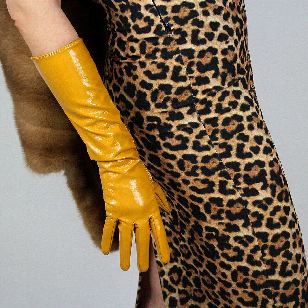 LATEX LONG GLOVES Shine Leather Faux Patent PU 16" 40cm Opera Mustard Yellow