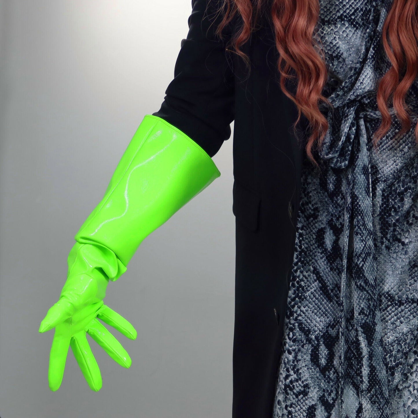 LATEX GLOVES Shine Leather Patent 50cm Long Lime Fluorescent Green PUFF SLEEVES