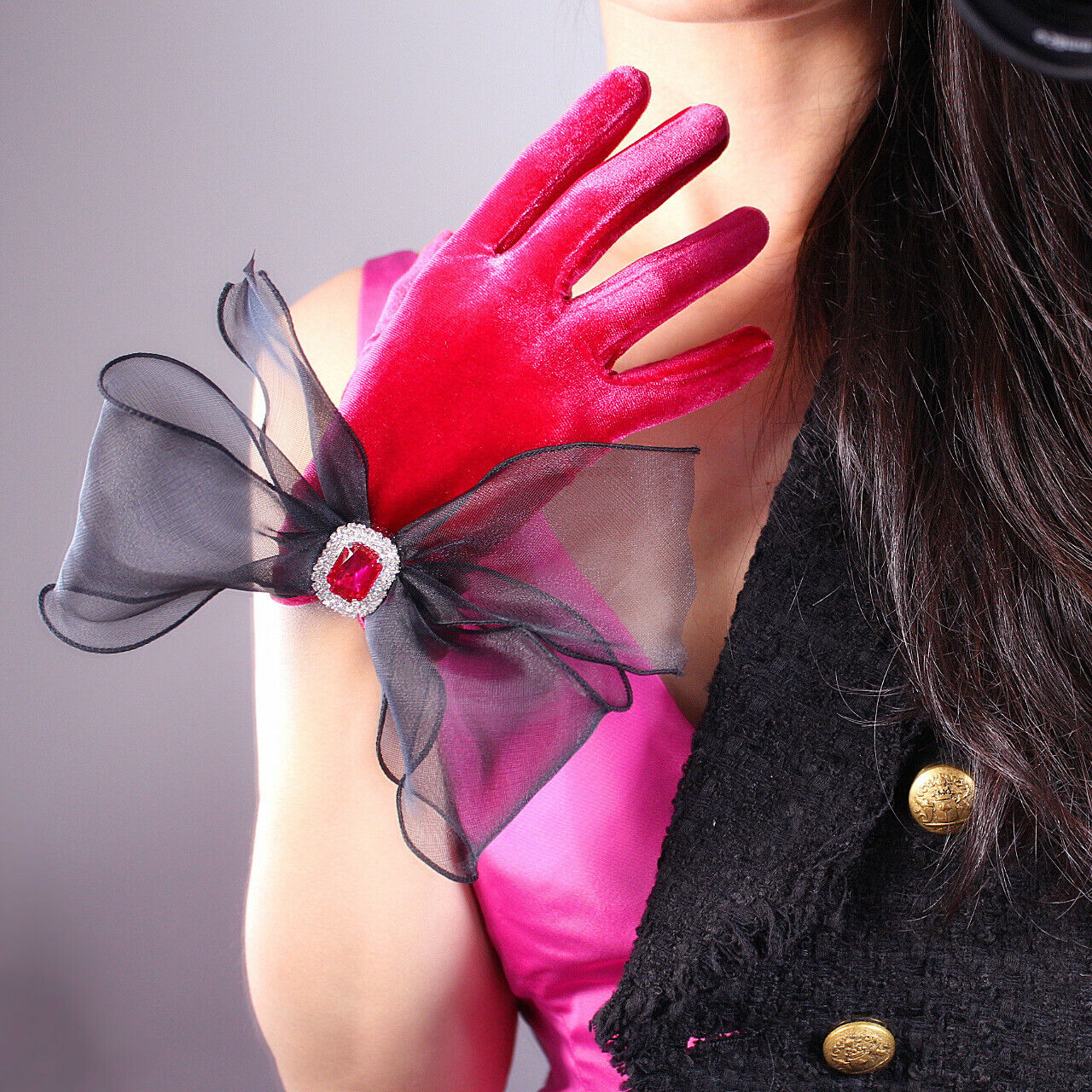 VELVET GLOVES Wrist Short Stretch Mesh Tulle Ribbon Waves Rose Pink Jewel Gem