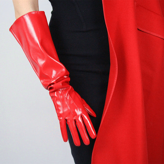 PATENT LONG GLOVES Unisex Faux Leather Elbow 50cm Large Shine Red PUFF SLEEVES L