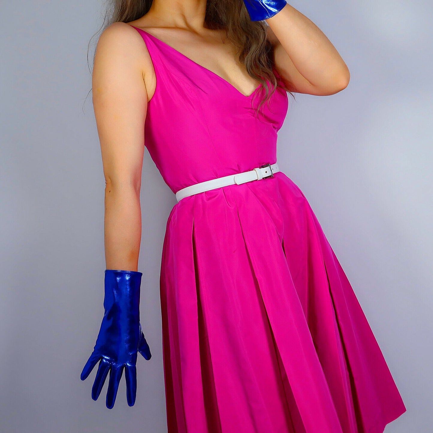 LATEX SHORT GLOVES Faux Shine Patent Leather 11" 28cm Royal Cobalt Classic Blue