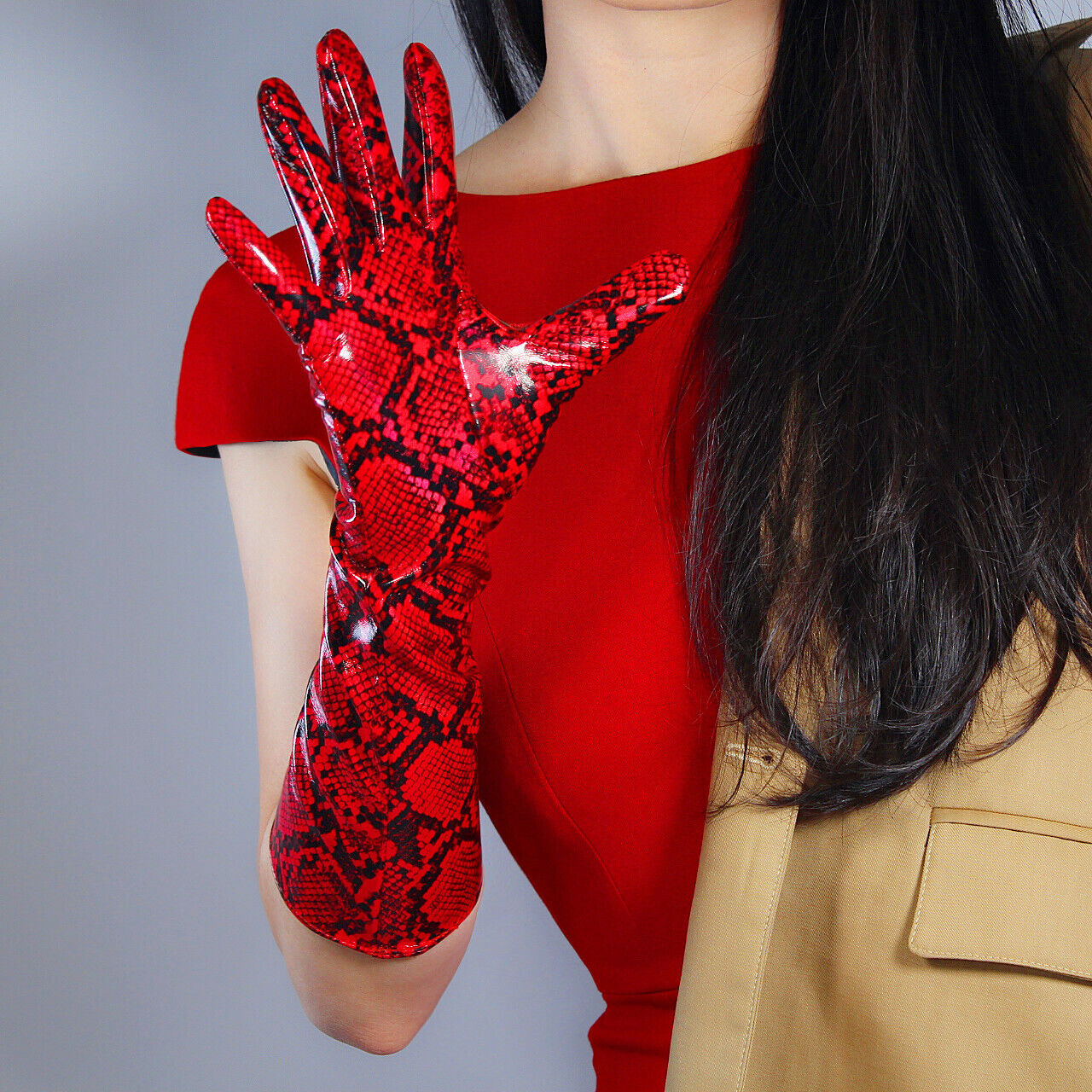 LONG LATEX GLOVES Faux Patent Leather 16" 40cm Shine Red Snake Python Snakeskin