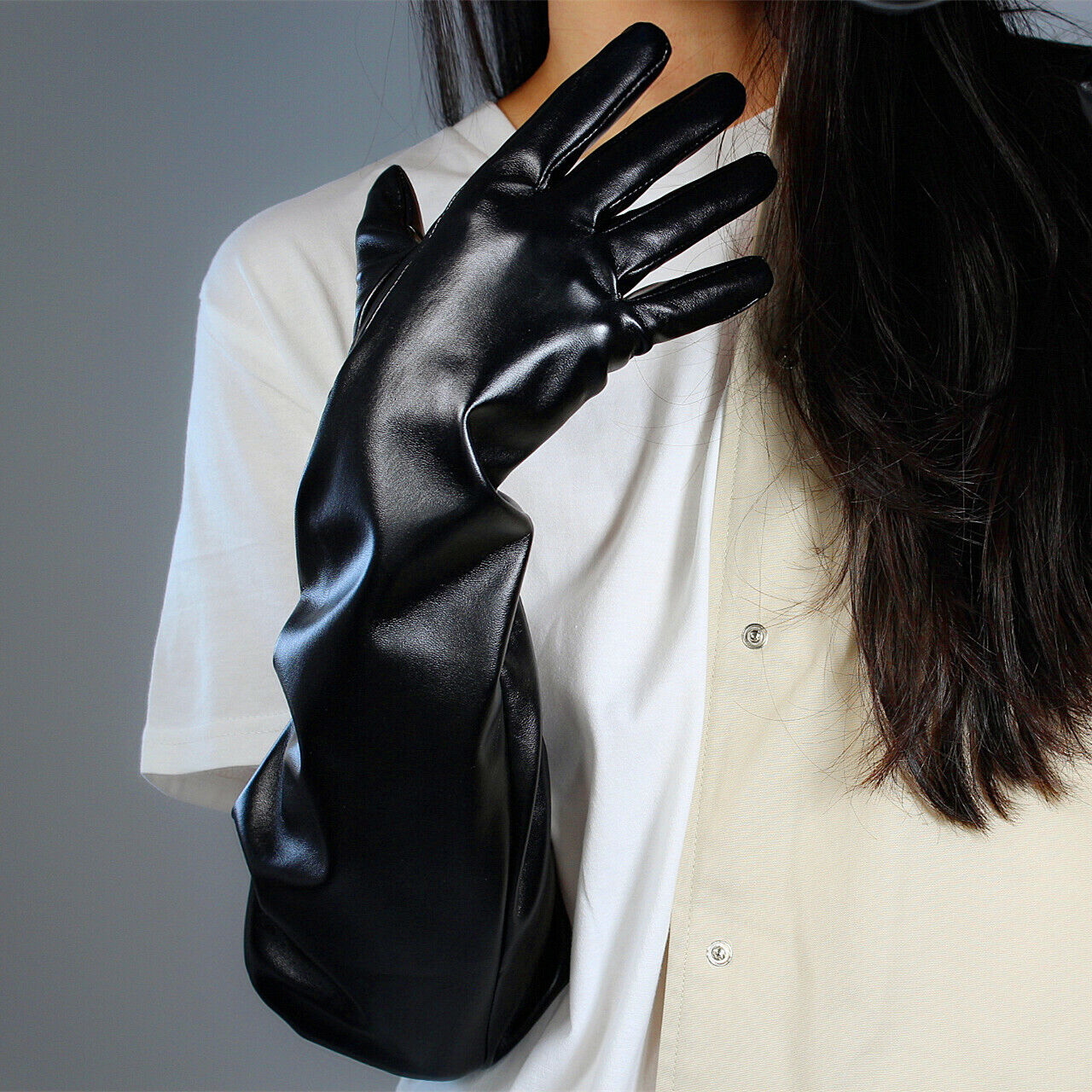 TECH LONG GLOVES Faux Leather PU 20" 50cm Black Elastic Band Cuff L PUFF SLEEVES