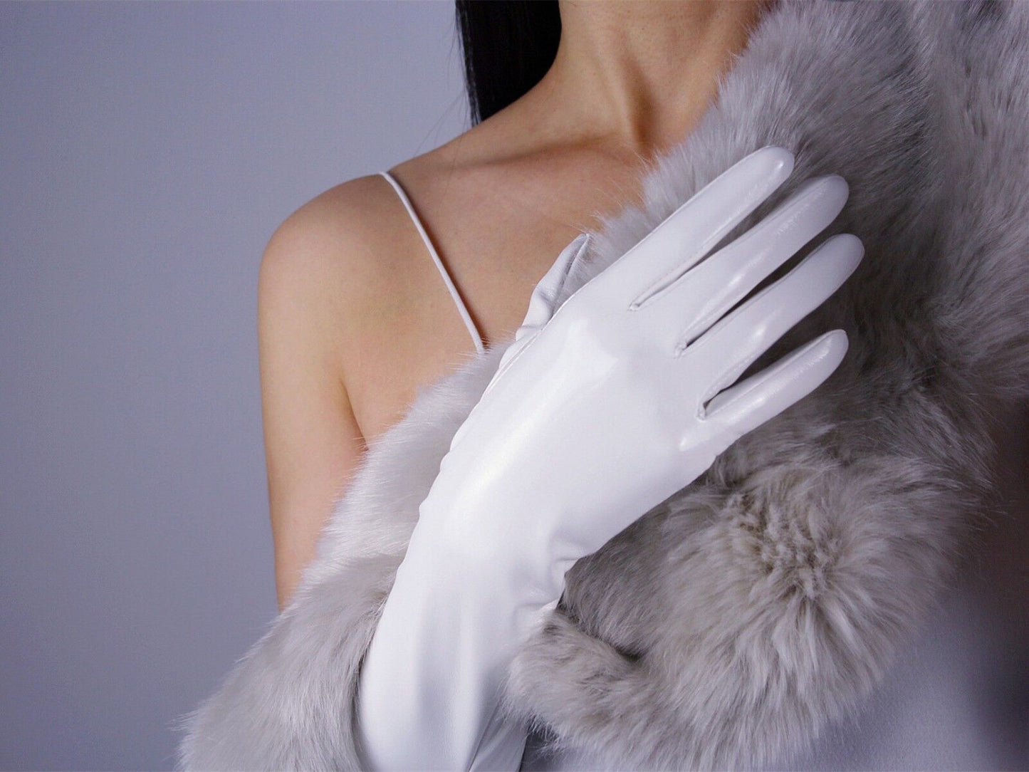 LATEX LONG GLOVES Shine Leather Faux Patent PU 24" 60cm Stretch Bright White