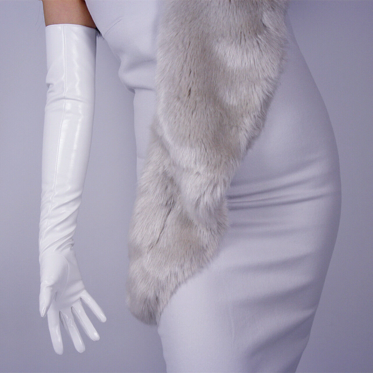 LATEX LONG GLOVES Shine Leather Faux Patent PU 24" 60cm Stretch Bright White