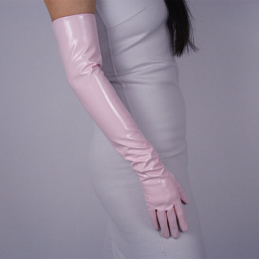 LATEX LONG GLOVES Shine Leather Faux Patent PU 24" 60cm Opera Evening Pink