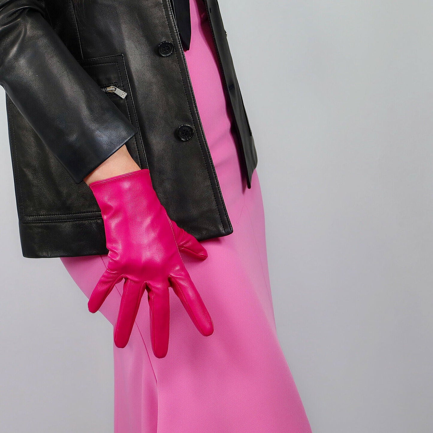 FASHION GLOVES Faux Leather Vegan 8" 21cm Wrist Short Rose Pink Fuchsia Fushia