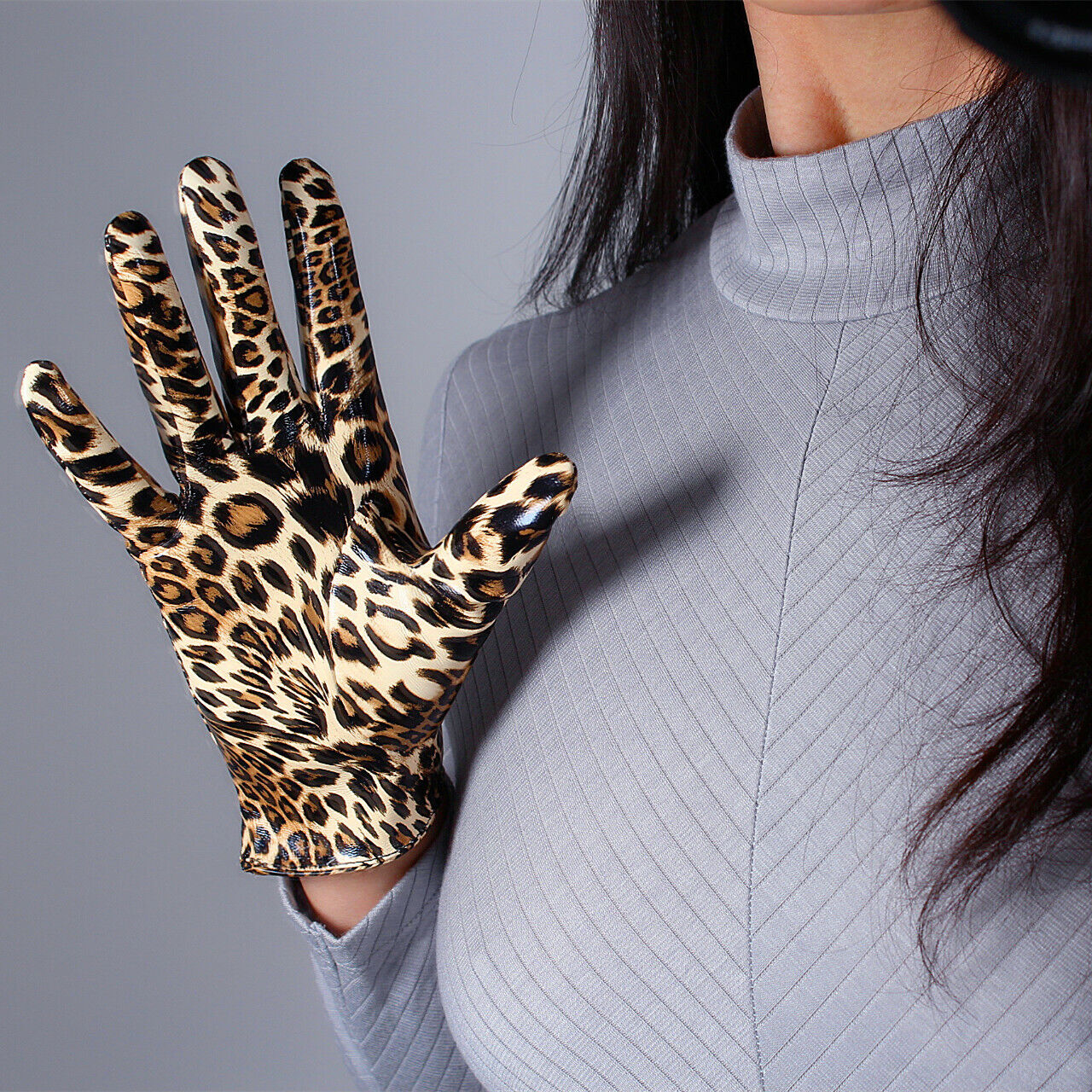 LATEX SHORT GLOVES Shine Leather PU 8" 21cm Animal Print Brown Cheetah Leopard