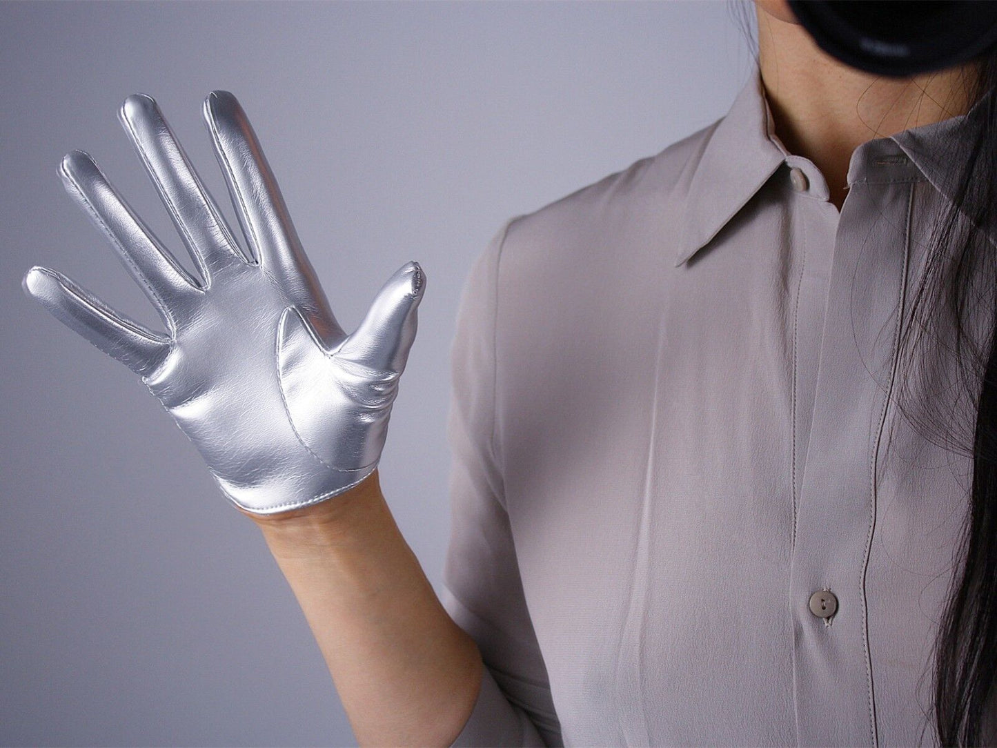 LATEX GLOVES Shine Leather Faux Patent PU 5" 13cm Short Opera Evening Silver