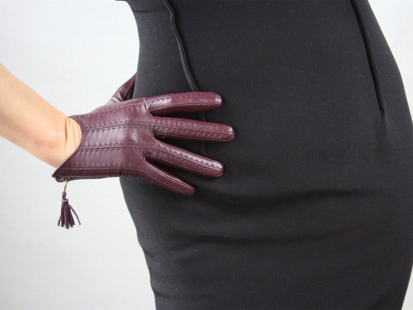 TECH GLOVES Real Leather Purple Wrist Short Zipper Fringe Tassel Touchscreen