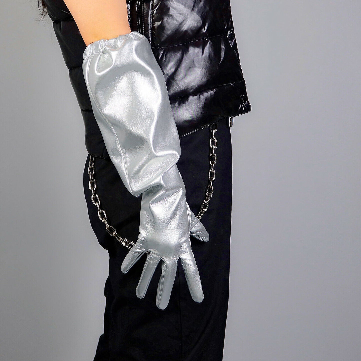 TECH LONG GLOVES Faux Leather PU 20" 50cm Black Elastic Band Cuff L PUFF SLEEVES