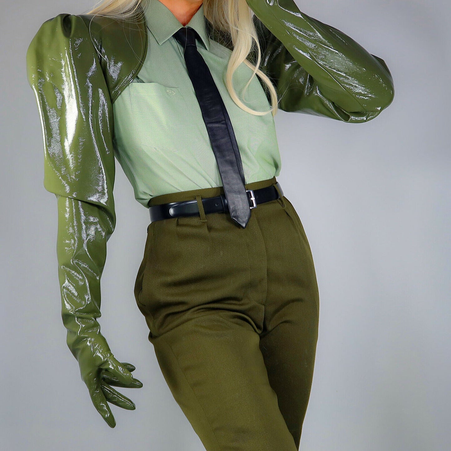 LATEX BOLERO GLOVES Shine Leather Top Cropped Shrug Military Army Olive Green