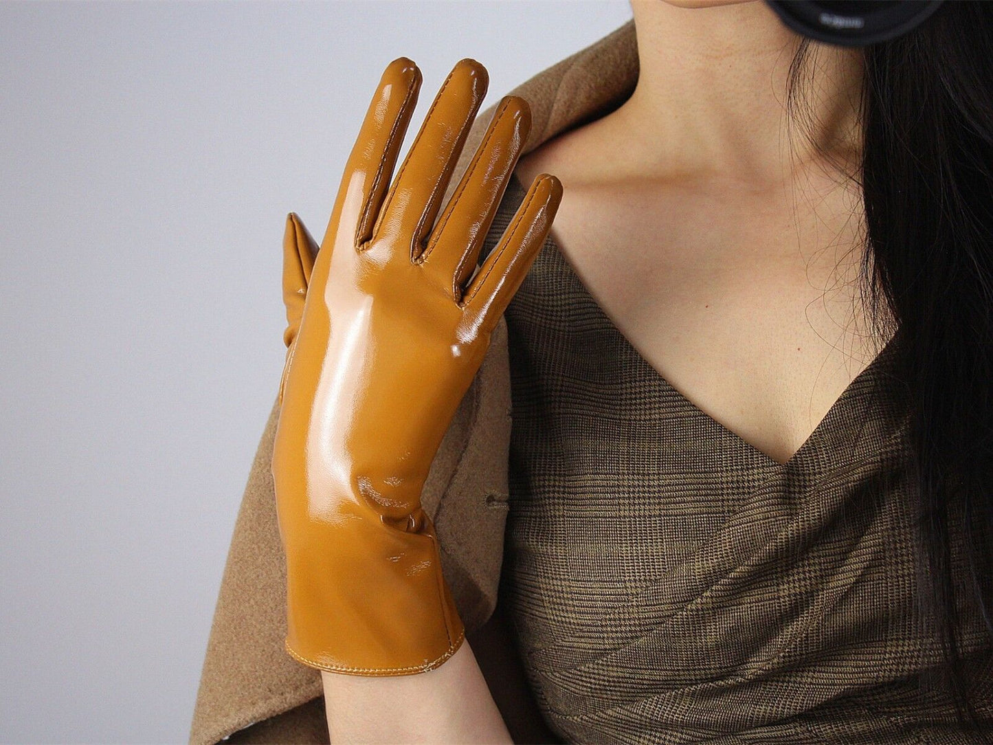 LATEX GLOVES Shine Leather Faux Patent PU 11" 28cm Short Daily Brown Tan Sugar