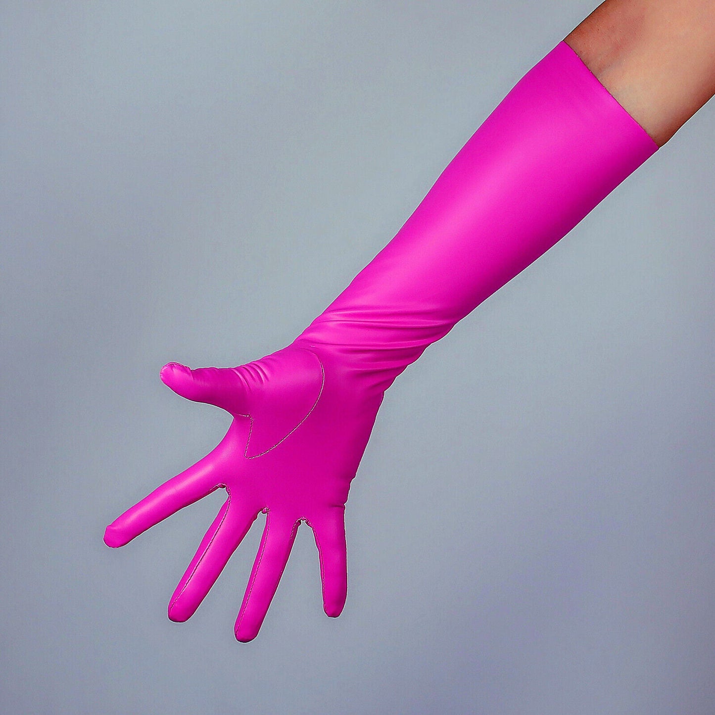 LATEX GLOVES Thin Faux Leather 16" 40cm Matt Rose Pink Magenta Red LONG FITTED