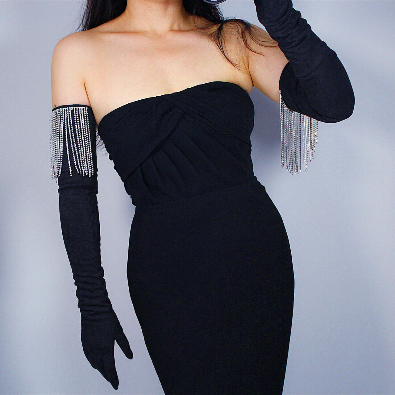 CRYSTAL TASSEL GLOVES Faux Suede Leather 28" 70cm Extra Long Black BLING BLING