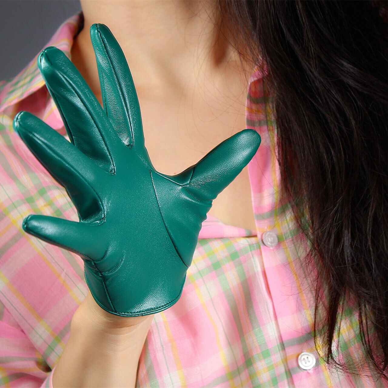 GLOVES Faux Leather Lambskin 5“ ”13cm Extra Short Kelly Green Touchscreen