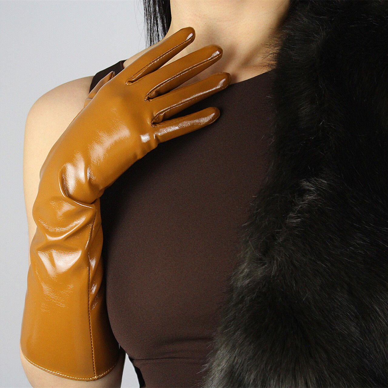 LATEX LONG GLOVES Shine Leather Faux Patent PU 16" 40cm Opera Evening Brown