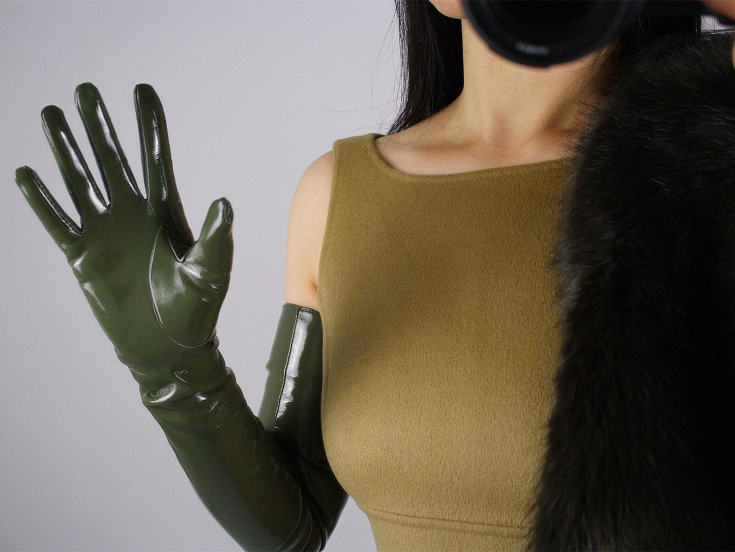 LATEX LONG GLOVES Shine Leather Faux Patent PU 28" 70cm Opera Olive Army Green