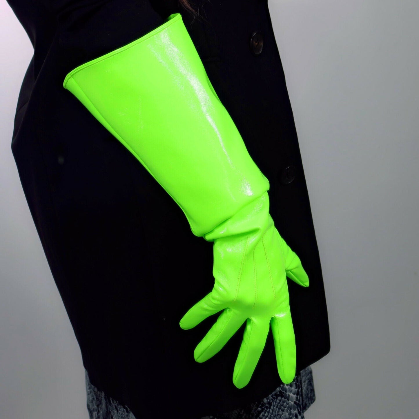 LATEX GLOVES Shine Leather Patent 50cm Long Lime Fluorescent Green PUFF SLEEVES