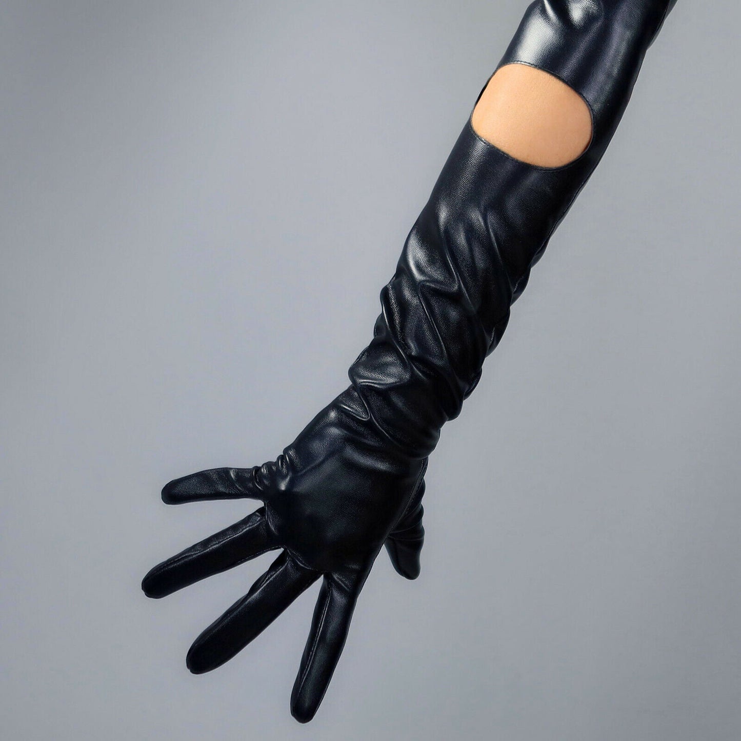 TECH LONG GLOVES Faux Leather PU 28" 70cm Black Extra Long Fitted Cut Out Circle