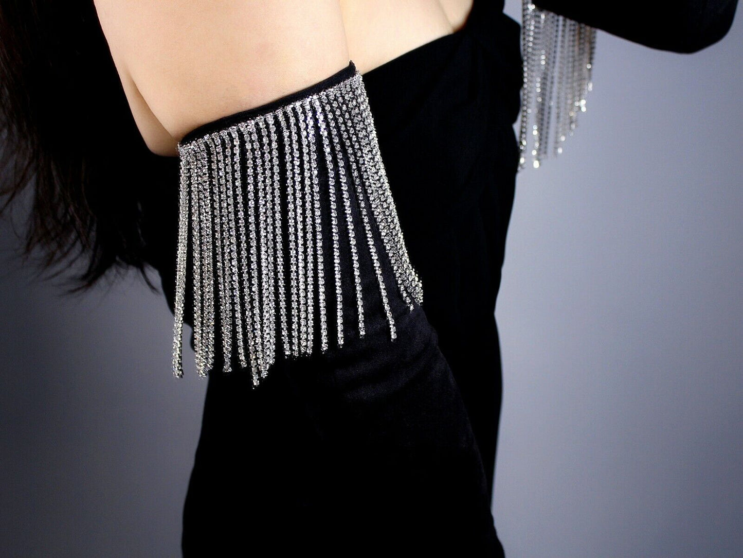 CRYSTAL TASSEL GLOVES Faux Suede Leather 28" 70cm Extra Long Black BLING BLING