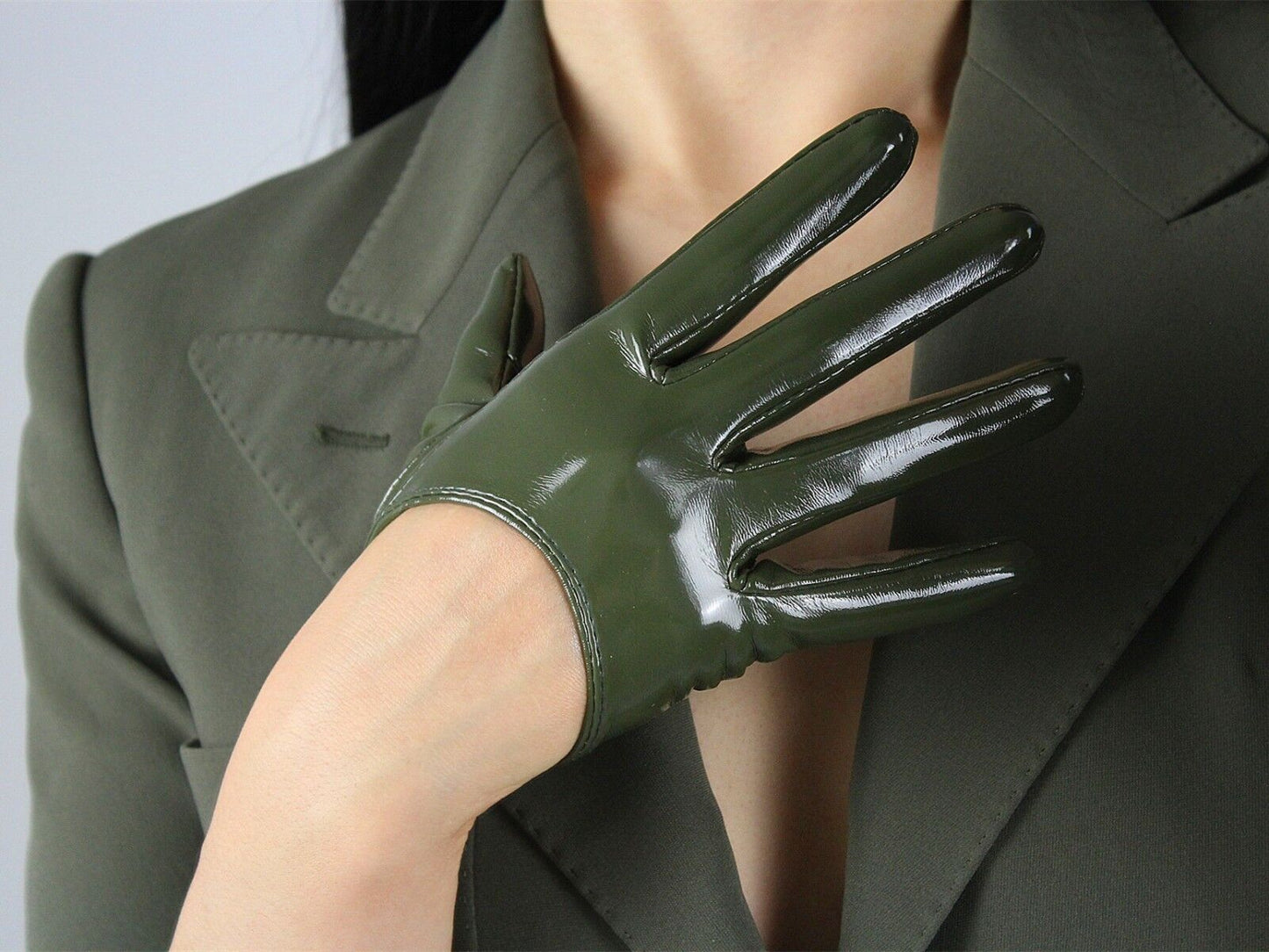 LATEX GLOVES Shine Leather Faux Patent PU 5" 13cm Extra Short Olive Army Green