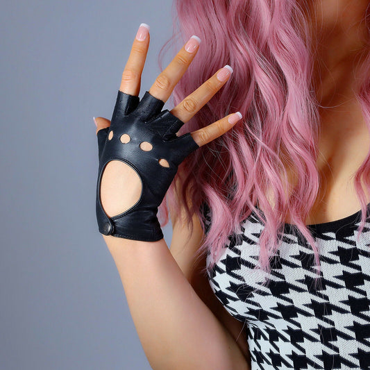 REAL LEATHER GLOVES Black Half Finger