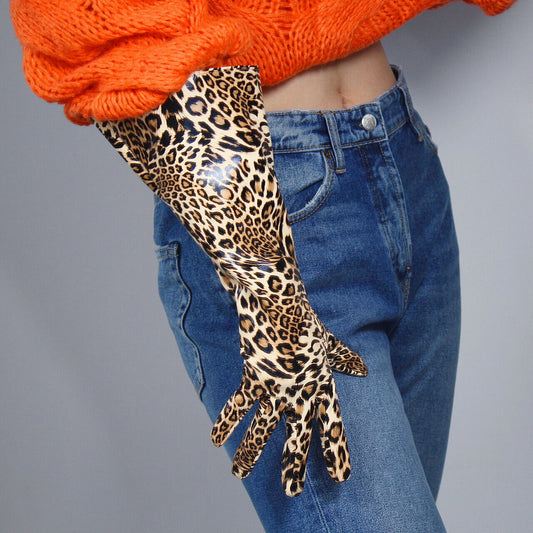 PATENT LONG GLOVES Unisex Faux Leather Wide Balloon Puff Sleeves L Leopard 38cm