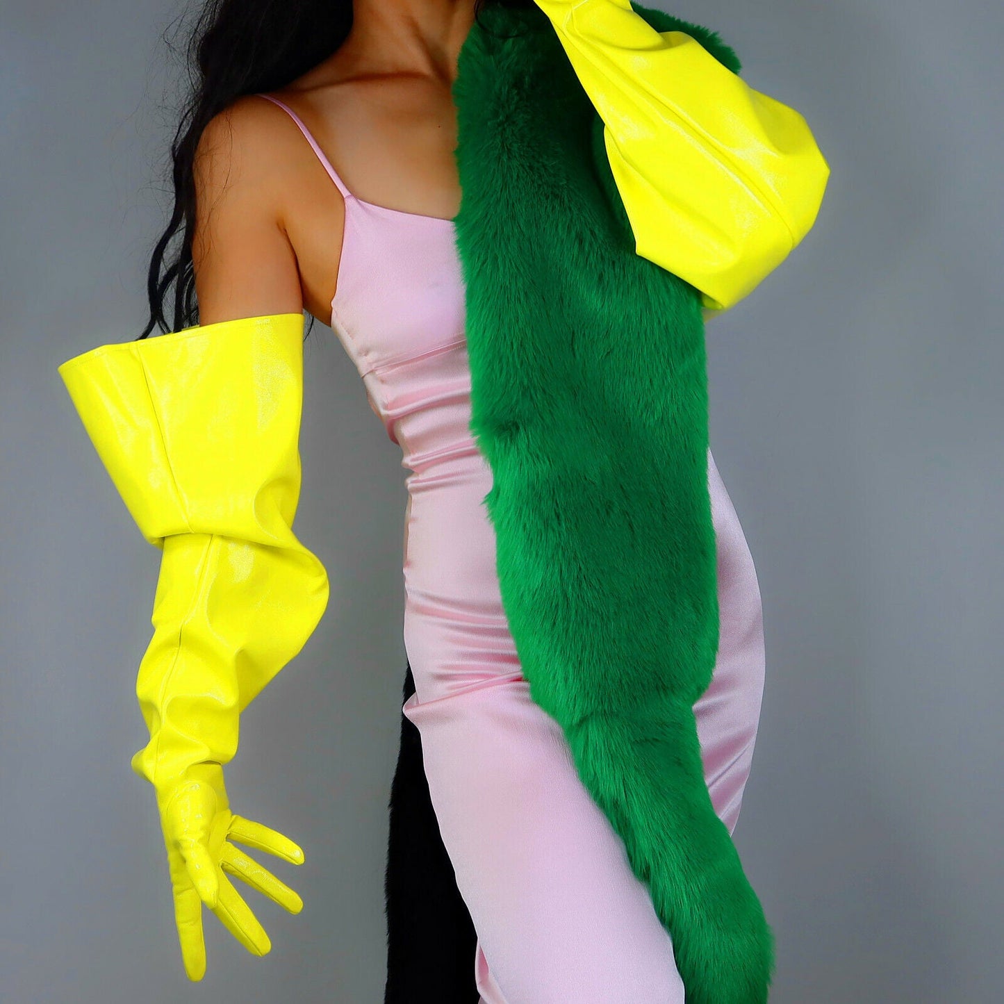 LATEX GLOVES 70cm Puff Long Shine Leather Faux Patent Lime Fluorescent Yellow