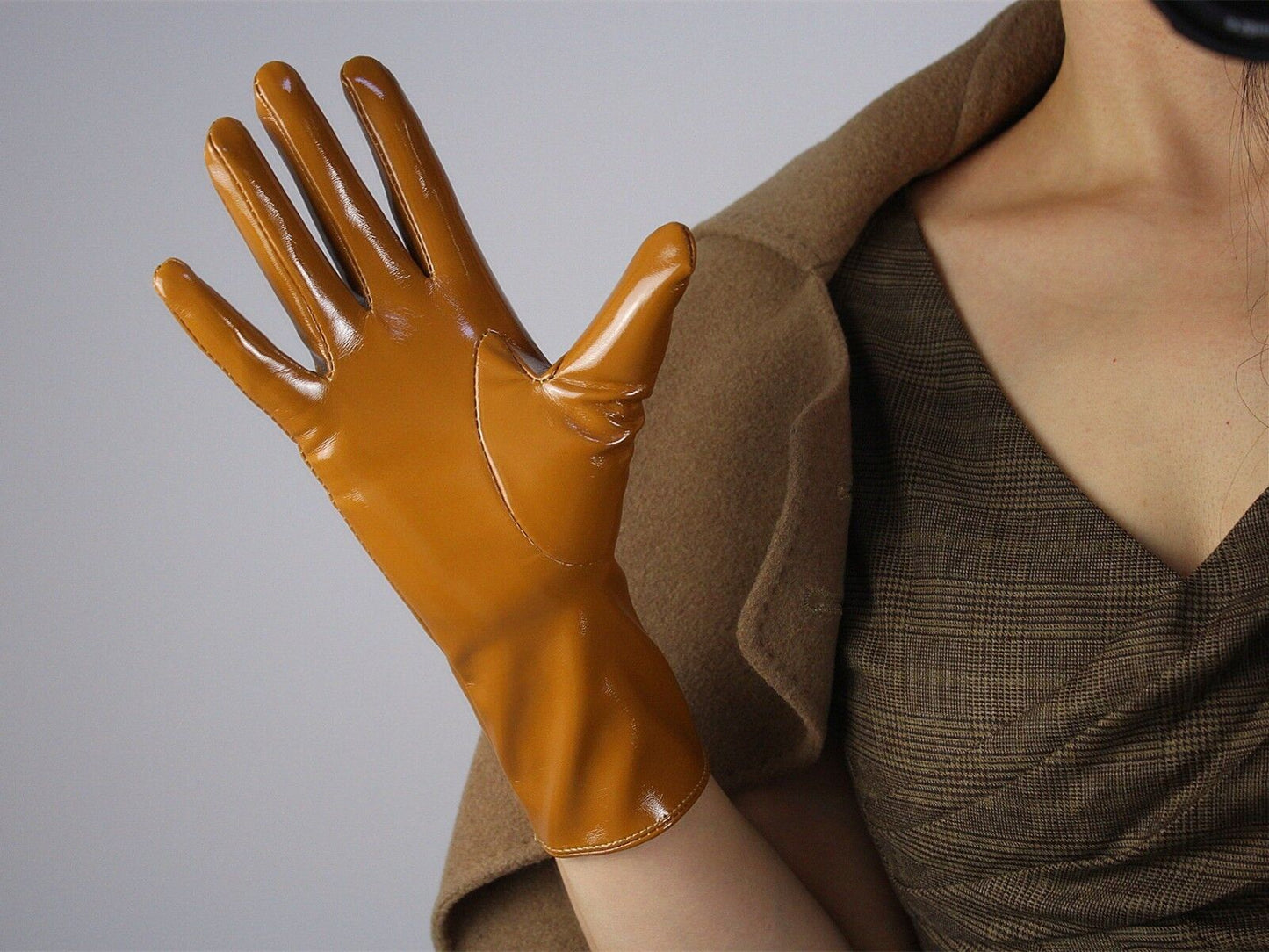 LATEX GLOVES Shine Leather Faux Patent PU 11" 28cm Short Daily Brown Tan Sugar