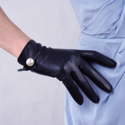 TECH GLOVES Big Pearl Real Leather Black Genuine Lambskin Sheepskin Touchscreen