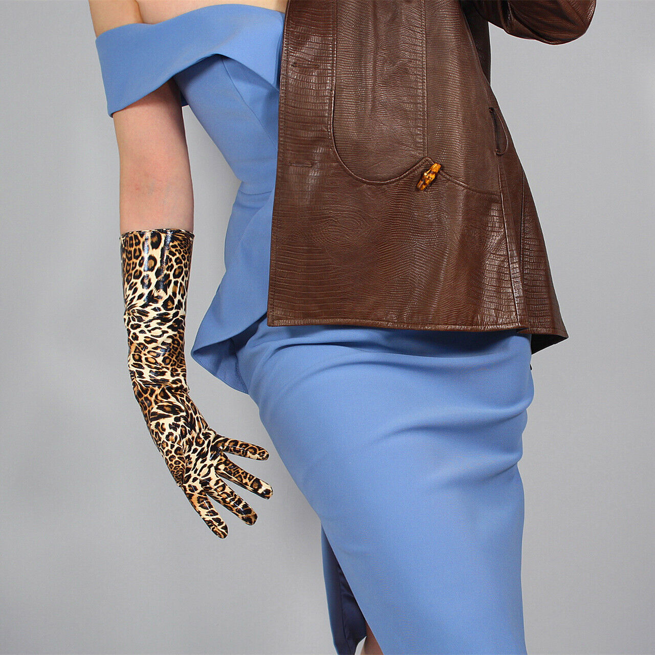 LATEX LONG GLOVES Shine Leather PU 16" 40cm Animal Print Brown Cheetah Leopard