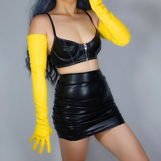 EXTRA LONG FASHION GLOVES Faux Leather Sheepskin 28" 70cm Banana Bright Yellow