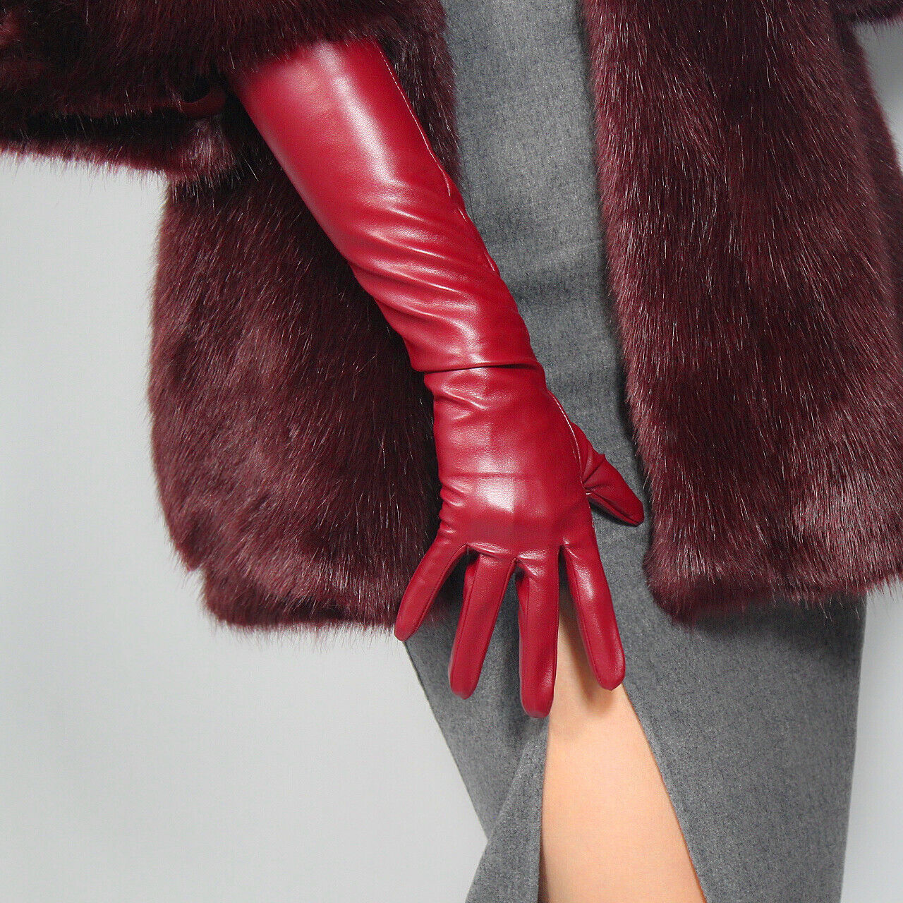 LONG GLOVES Faux Leather Lambskin Sheepskin 20" 50cm Dark Red Burgendy Oxblood