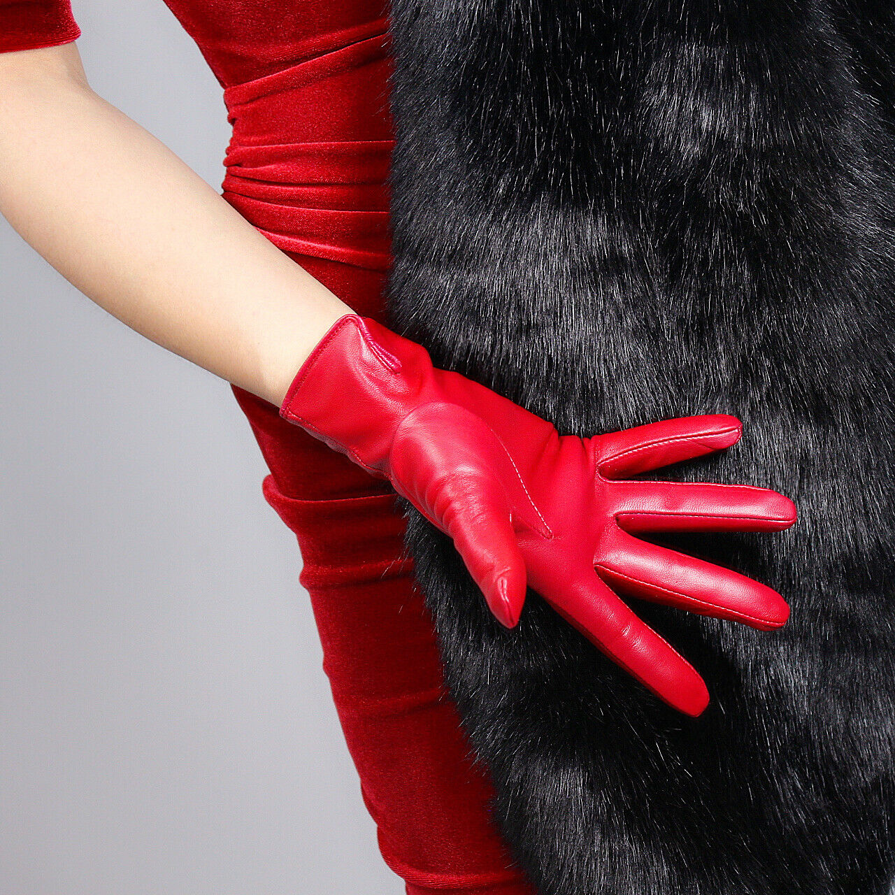 TECH GLOVES Real Leather Red Wrist Short Touchscreen Lambskin Sheepskin 23cm