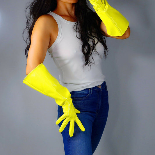 LATEX GLOVES 50cm Puff Long Shine Leather Faux Patent Lime Fluorescent Yellow