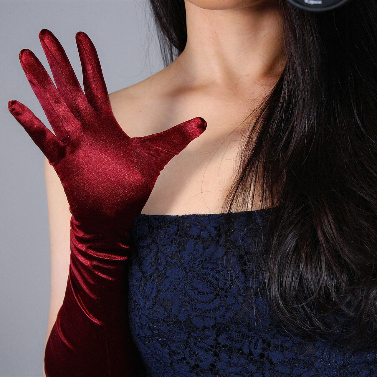 Stretch Satin Silk Gloves 40cm 15" Elbow Long Burgundy Claret Oxblood Deep Red