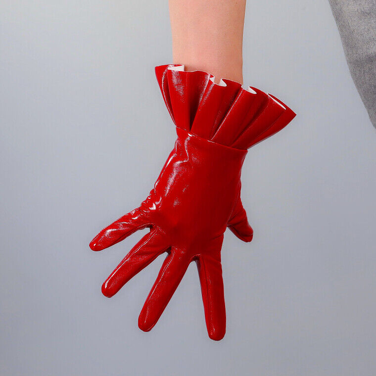 RUFFLE GLOVES 25cm 10" Wrist Short Faux Patent Leather Shine Latex Red Trim