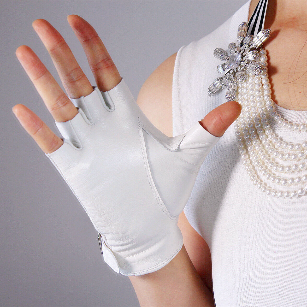 REAL LEATHER GLOVES White Half Finger