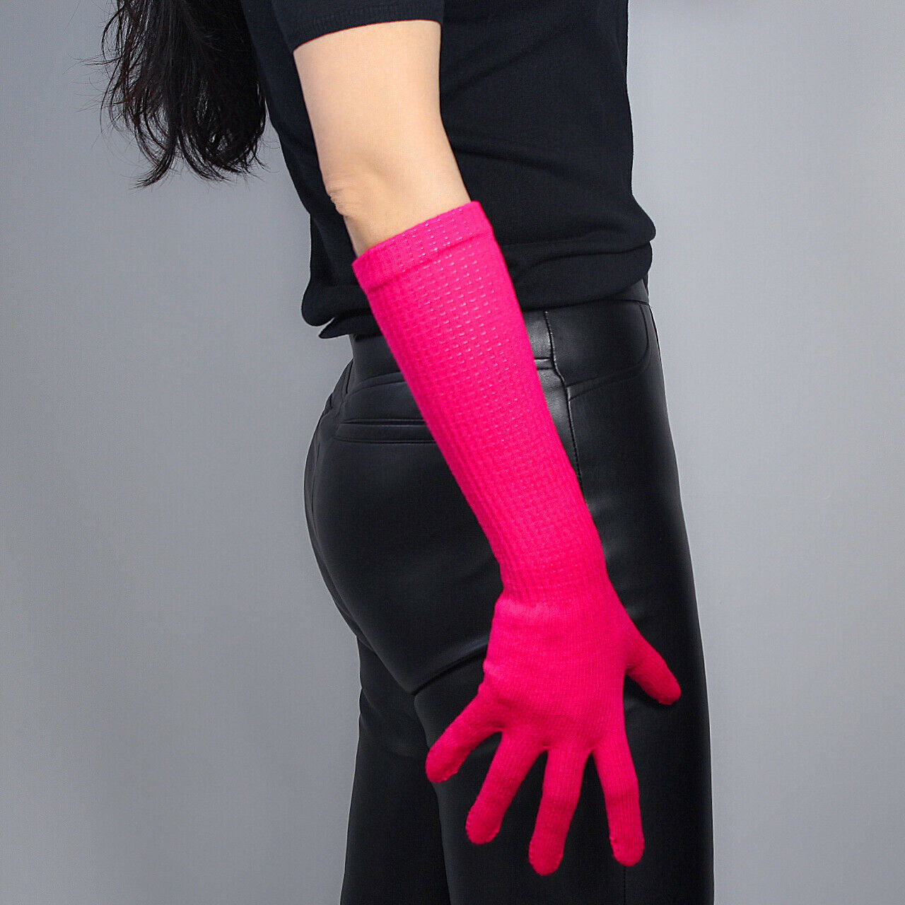 LONG KNIT GLOVES 40cm 16" Arm Warmer Elbow Mittens Women Cable Wool Rose Pink