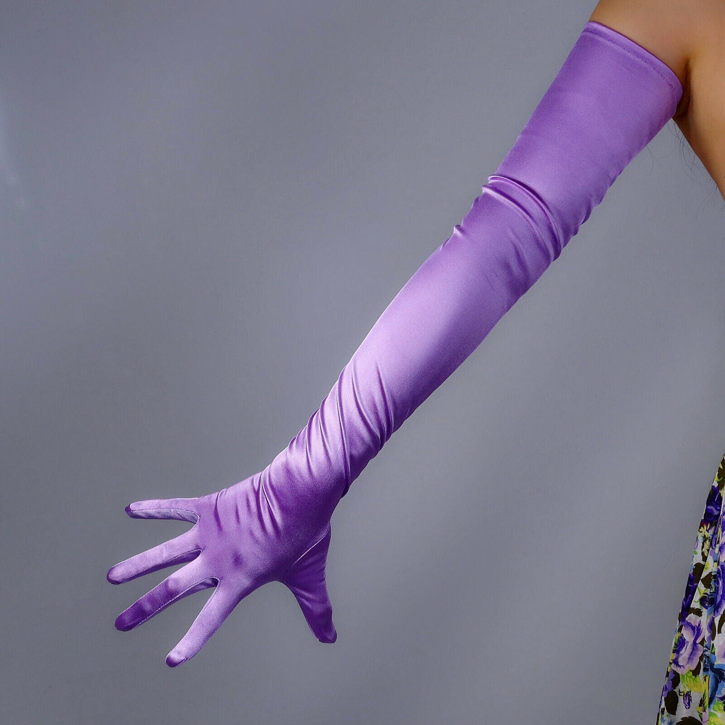 SATIN GLOVES Stretch Silk Evening Extra Long 70cm 28" Lavender Pastel Purple