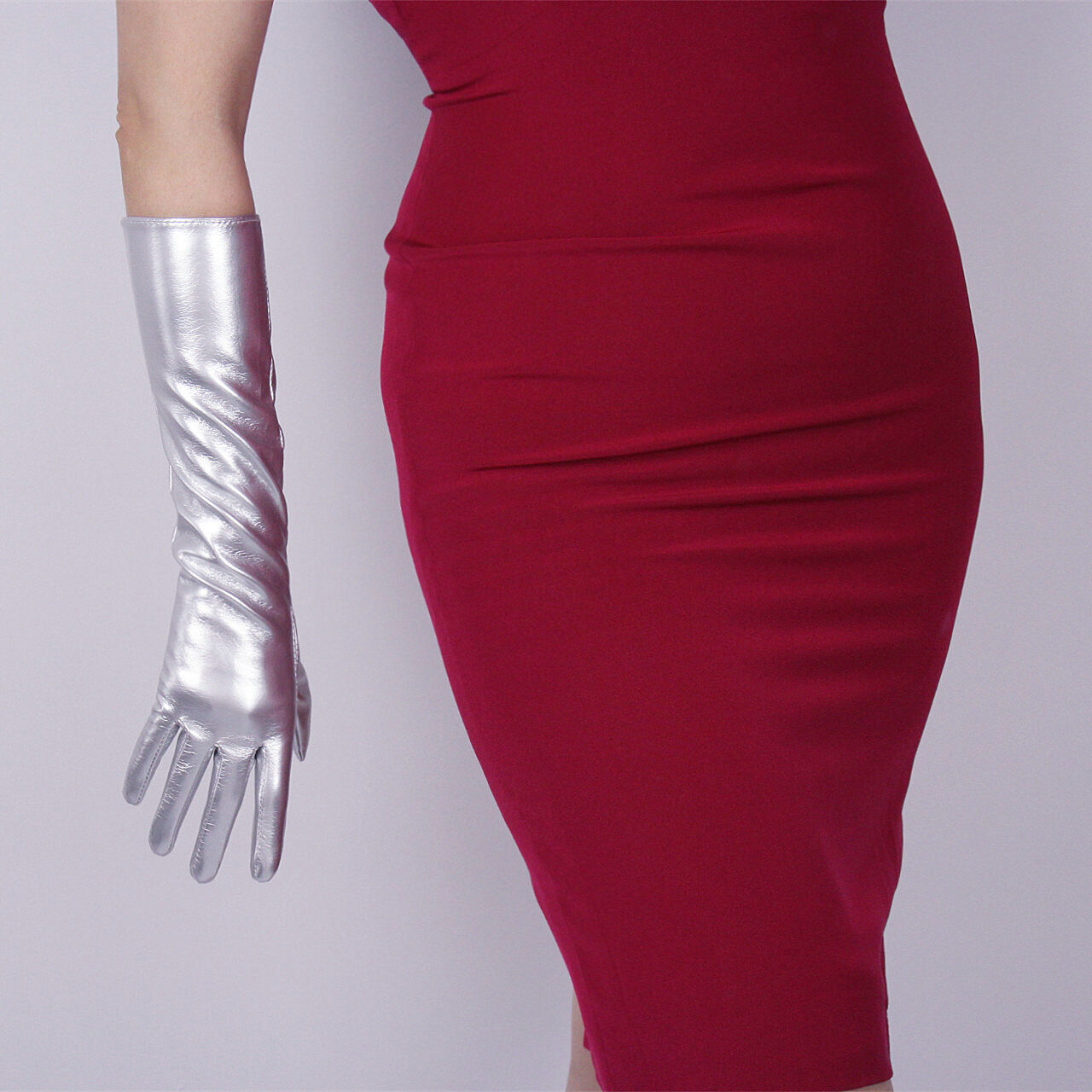 LATEX LONG GLOVES Shine Leather Faux Patent PU 16" 40cm Opera Evening Silver