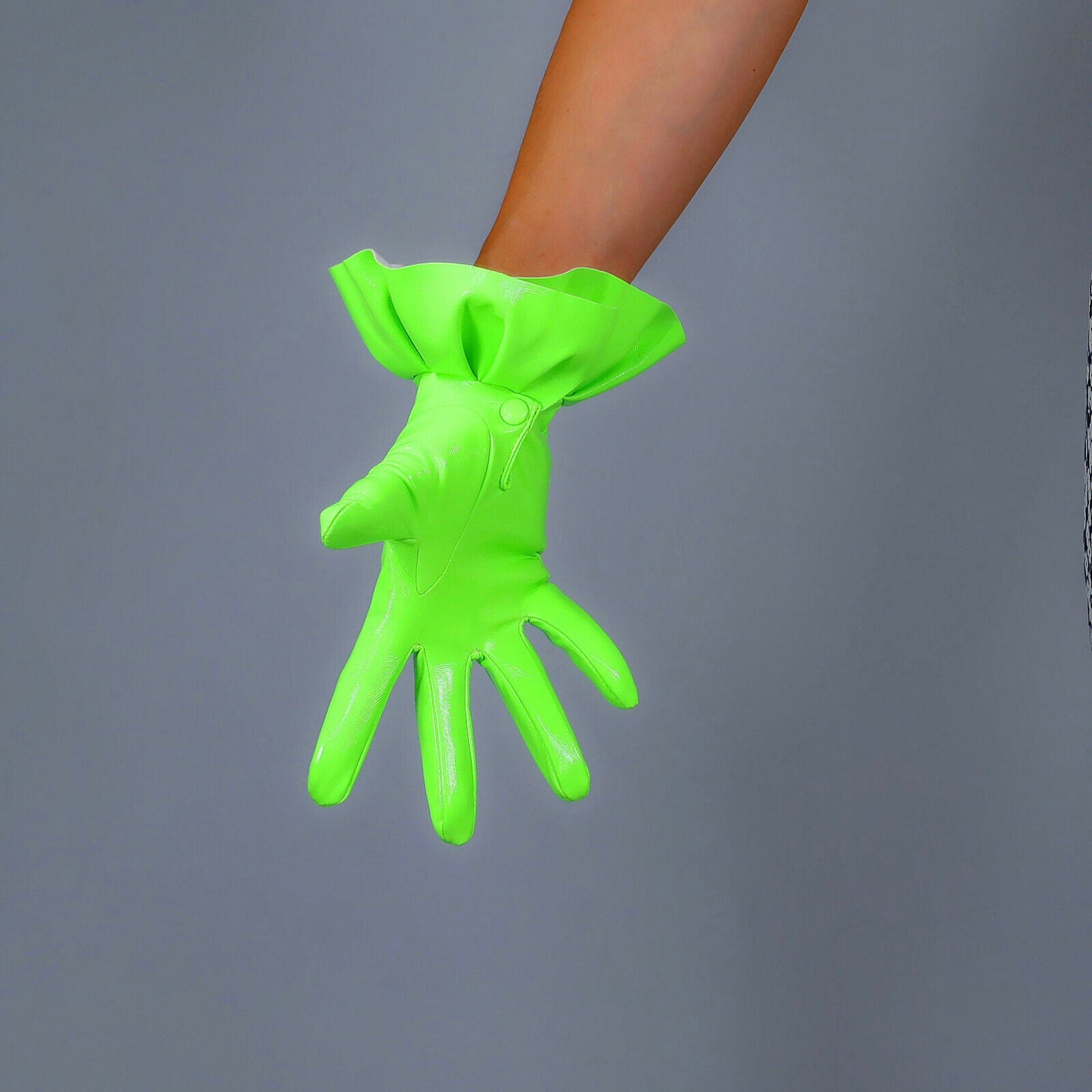 LATEX GLOVES Shine Leather Patent Short Wrist Lime Fluorescent Green Ruffled