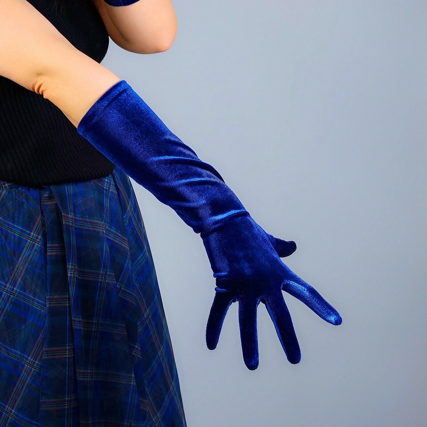 VELVET GLOVES 40cm 16" Elbow Long Stretch Elastic Navy Cobalt Royal Blue TECH