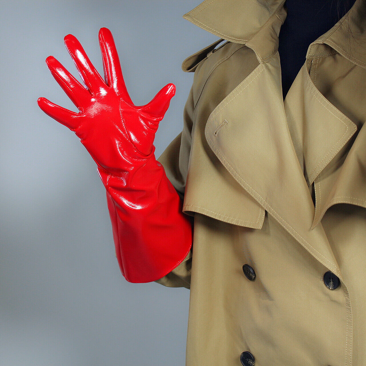 PATENT LONG GLOVES Unisex Faux Leather Wide Balloon Puff Sleeves Large Red 38cm