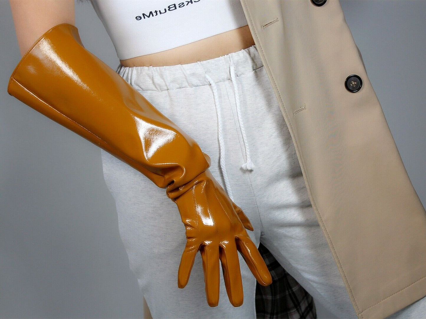 PATENT LONG GLOVES Faux Leather 50cm 20" Wide Shine Brown Camel L PUFF SLEEVES