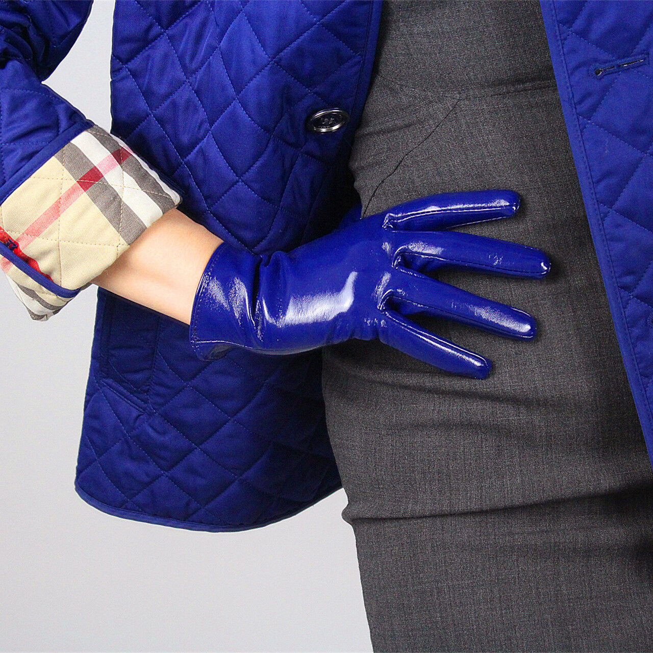 LATEX SHORT GLOVES Shine Leather Faux Patent PU 8" 21cm Everyday Cobalt Blue