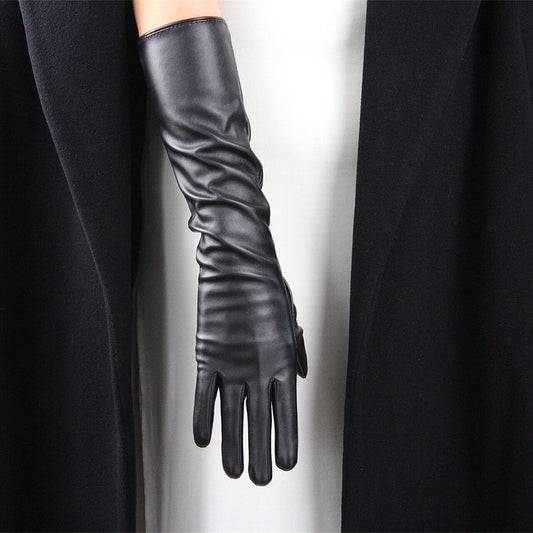 TECH GLOVES Long Faux Leather 16" 40cm Opera Evening Elbow Black Touchscreen